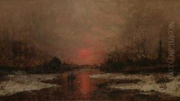 Verschneite Fluslandschaft Im Abendrot - view 1