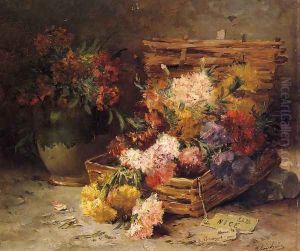 Still Life of Flowes in a Vase and a Basket by Eugene Henri Cauchois