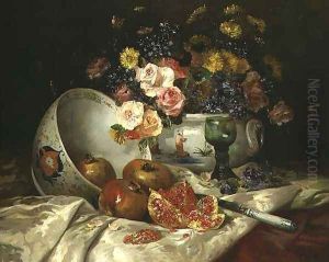 Still life of flowers in a Chinese vase with pomegranates by Eugene Henri Cauchois