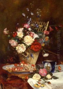 Still Life With Roses, Cherries And Grapes by Eugene Henri Cauchois
