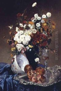 Still Life with Flowers and Pomegranates by Eugene Henri Cauchois