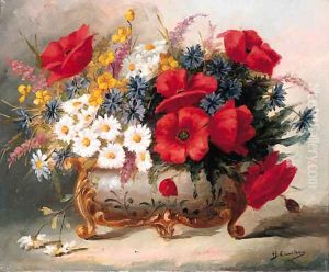 Poppies, Daisies and mixed Summer Flowers in a Roccoco Vase