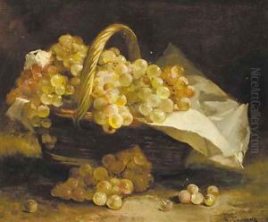 Grapes in a wicker basket by Eugene Henri Cauchois
