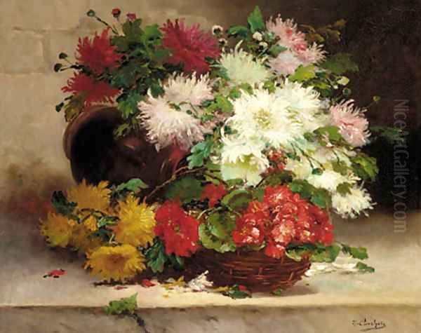 Chrysanthemums and Geraniums in a basket on a ledge - view 1