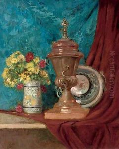 A vase of chrysanthemums and roses alongside an urn and a bowl, on a draped table