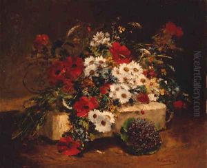 Poppies, Daisies and summer grass on a stone plinth