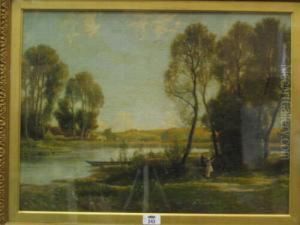 R.b.a English Country Scene With River And Figures Oil On Canvas 46cm X 61cm R.b.a English Country Scene With River And Figures Oil On Canvas 46cm X 61cm