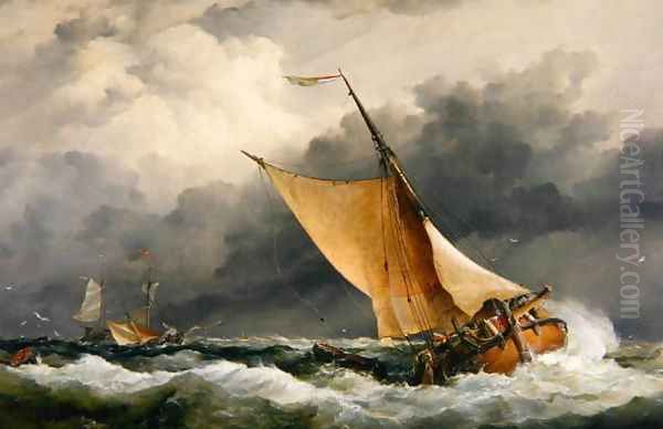 Dutch cargo boats in rough sea - view 1