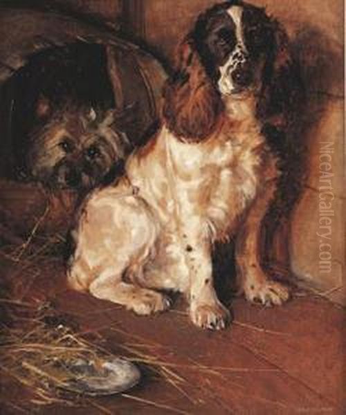 A Prize Spaniel With A Terrier In A Kennel - view 1