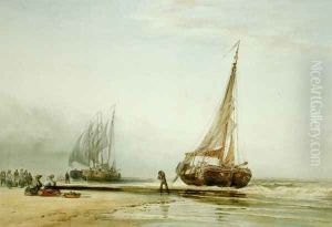 Dutch Fishing Boats on the Beach with Groups of Fisherfolk, 1856 by Edward William Cooke