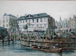 View of a timber cofferdam enclosing pile drivers and hoists for London Bridge, 1826 by Edward William Cooke