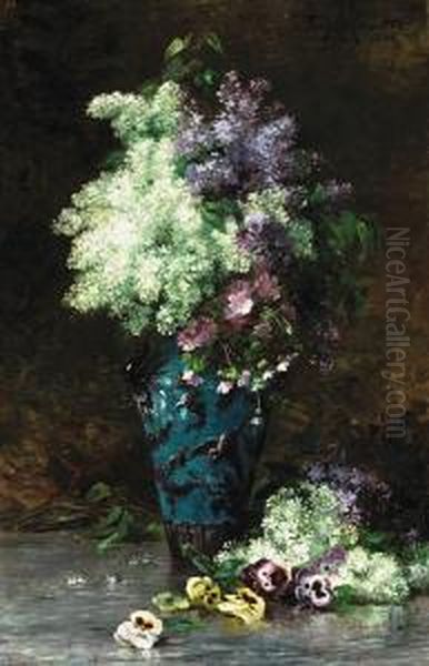 A Still Life Of Lilacs, Pansies And Other Flowers In A Porcelain Vase - view 1