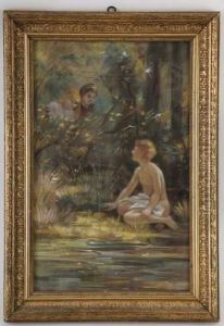Jeune Baigneur Au Bord De La Riviere Surpris Par 2 Fillettes by Francois Furet
