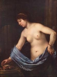 A Nude Woman Holding Her Hand Over A Brazier Of Coals