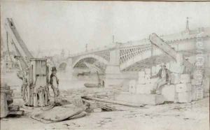View of Southwark Bridge and the River Thames from Bankside, with two derricks in the foreground, 1827