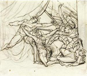 A Naked Warrior Repelling 
Soldiers At The Entrance To A Tent, One Woman Interceding, Another 
Collapsing, Manacled To A Post