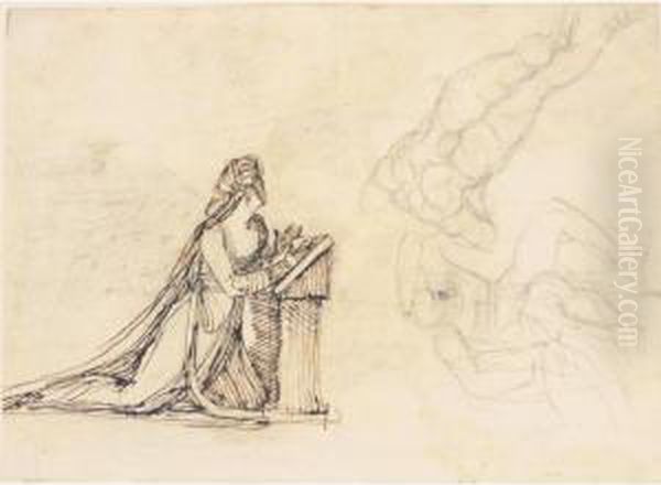 A Lady Kneeling At A Prie Dieu
And Studies Of Two Nudes (recto); A Striding Nude And Lovers Embracing
(crossed Out) ( Verso) - view 1