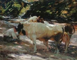 Cattle And Figure At Rest Beside A Stream