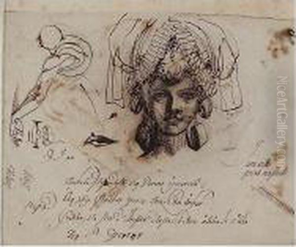 The Artist's Wife (?) With
Artistically Dressed Hair With Supplement Studies Of An Eye, A Mouth And
A Figure From The Back - - view 1