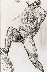 A Naked Warrior Attacking With Raised Sword - A Scene From The Niebelungenlied