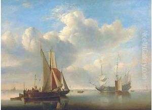 A wijdschip and a kaag under sail in a very light air by Edward William Cooke