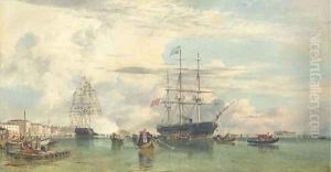 The Arrival of Otho, ex-King of Greece, at Venice, 29th October, 1862, in H.M. Corvette 'Scylla', 21 guns, Captain Rowley Lambert by Edward William Cooke