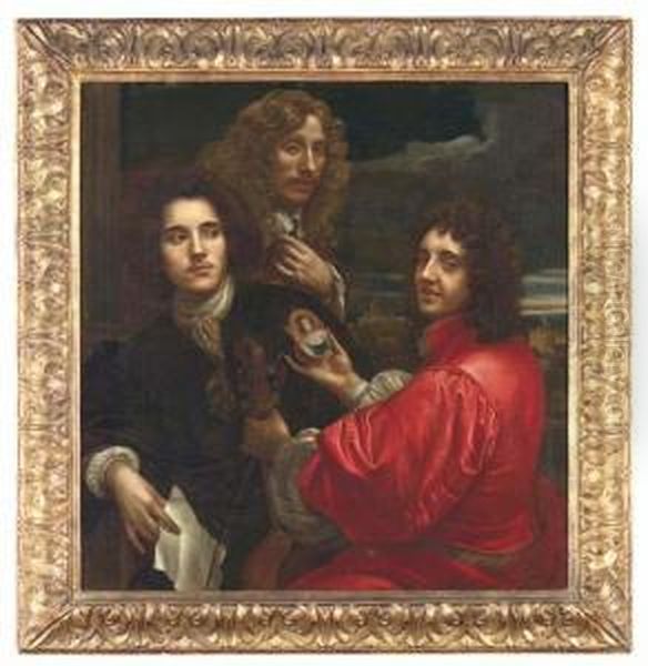 Group Portrait Of Three
Gentlemen, Half-length, One In A Reddoublet Holding A Viola Da Gamba In
One Hand And A Miniatureportrait In The Other, The Second In A Brown
Coat With A Silkcravat, Holding A Letter, The Last Holding Up A Medal
From A Chain - view 1