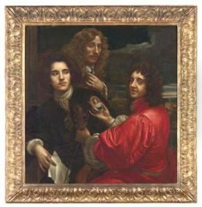 Group Portrait Of Three
Gentlemen, Half-length, One In A Reddoublet Holding A Viola Da Gamba In
One Hand And A Miniatureportrait In The Other, The Second In A Brown
Coat With A Silkcravat, Holding A Letter, The Last Holding Up A Medal
From A Chain by Anton Domenico Gabbiani