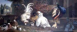 A Peacock, Chickens, Ducks and a Kingfisher by Pieter Casteels