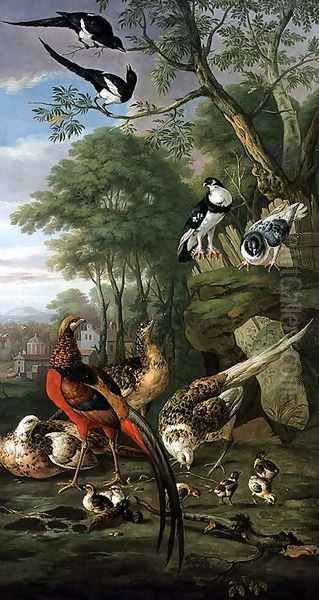 Cock pheasant, hen pheasant and chicks and other birds in a classical landscape - view 1