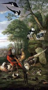 Cock pheasant, hen pheasant and chicks and other birds in a classical landscape by Pieter Casteels