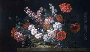 A Still Life of Carnations, Stocks, Peonies, Convolvulus and Other Flowers in a Basket Resting on a Stone Ledge, 1734 by Pieter Casteels