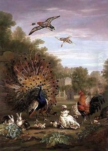 Peacock and Rabbits in a Landscape