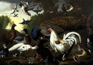 The Fable of the Raven with a Peacock, Cockerel, Woodpecker, Jay, Woodcock, and Magpie by Pieter Casteels