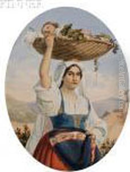 Portrait Of A Woman With Sleeping Infant In A Basket - view 1