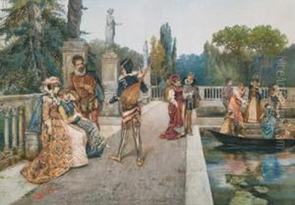 A Park Scene With Strollers And A Luteplayer - view 1