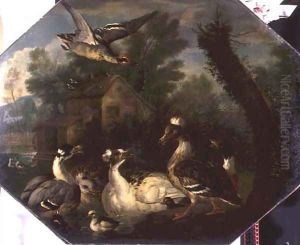 Ornamental Waterfowl and their Ducklings on a Mill Pond by Pieter Casteels