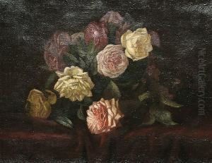 A Still Life Of Pink And Yellow Roses On A Red Velvet Cloth by Antoine Gadan