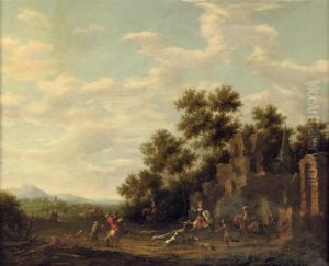 A Wooded Landscape With A Hunting Party Near A Ruin by Barent Gael