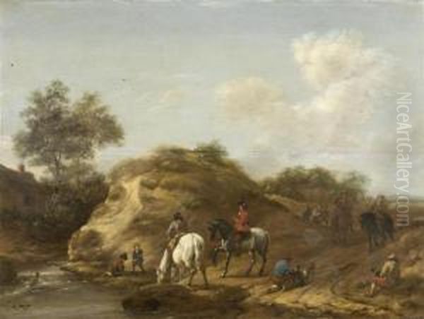 Landscape With Hunters And Their Horses Out Falconing - view 1