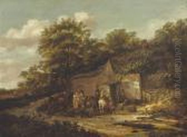 A Wooded Landscape With Travellers Resting By An Inn - view 1