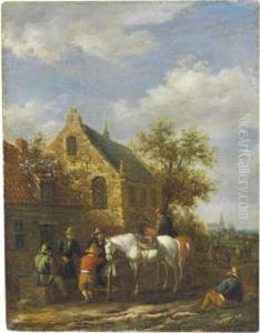 Travelers Resting In A Village 
Landscape; And A Companion Paintingof Travelers By A Tavern by Barent Gael