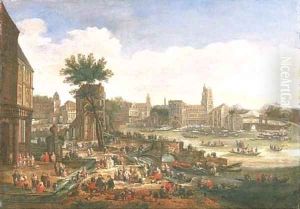 A capriccio of a port with numerous figures and shipping