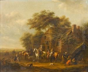 Huntsmen And Their Dogs Outside A Country Inn