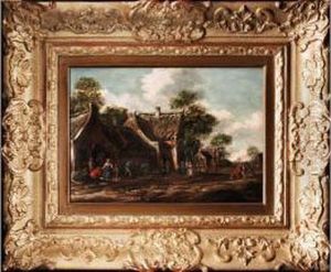 Dorfstrasse Mit Strohgedeckten Hausern Und Figurenstaffage by Barent Gael