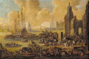 A capriccio of a northern harbour, with townsfolk, merchants, stevedores and sailors on the quays and in boats by Pieter Casteels