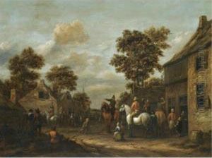 A Village Scene With Cavaliers And Other Figures Before A Tavern