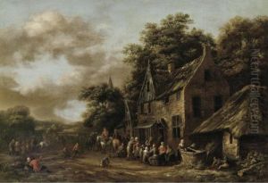 A Village Scene With Numerous Peasants Outside A Tavern