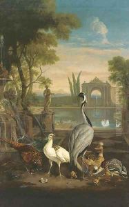A Demoiselle crane, a pheasant, a duck and other birds in an Italianate garden with a lake