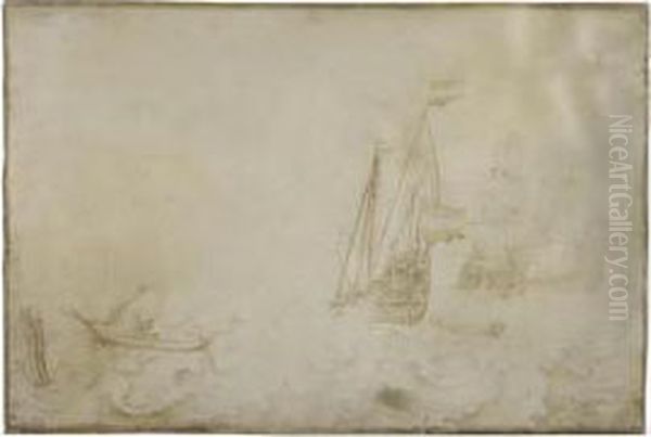 Three Men-of-war On Rough Seas - view 1